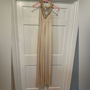 Elegant Beige Gown with Beaded Neckline